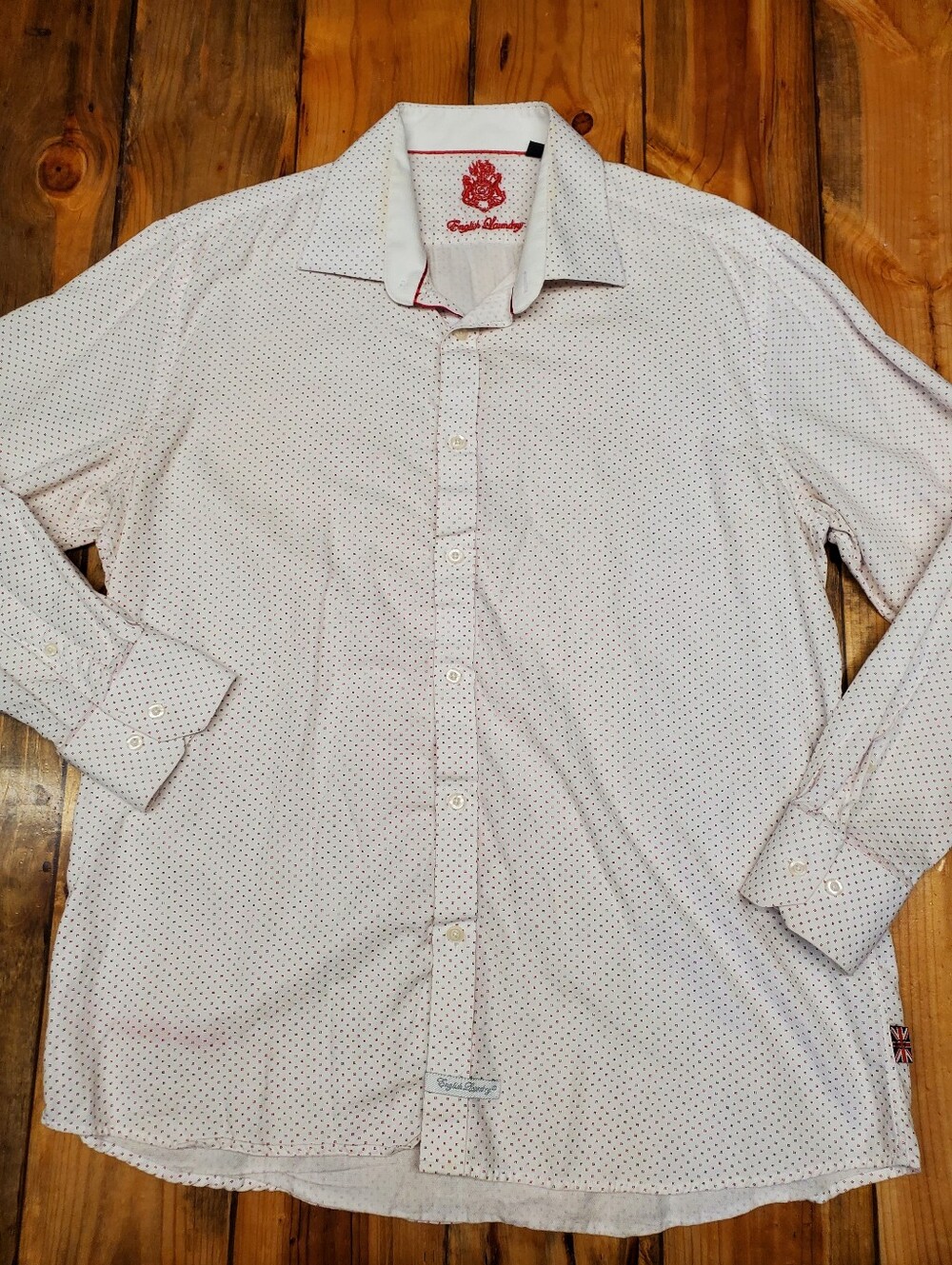English Laundry Men's 17 34/35 Button Down Shirt White Red Micro Print